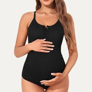 SUMMER MAE – Maternity ribbed button front one-piece black swimsuit – Sz XL